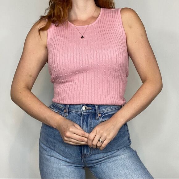 Vintage 90s Size Medium Light Pink Cotton Cable Knit Sleeveless Sweater Tank Top - Picture 1 of 11